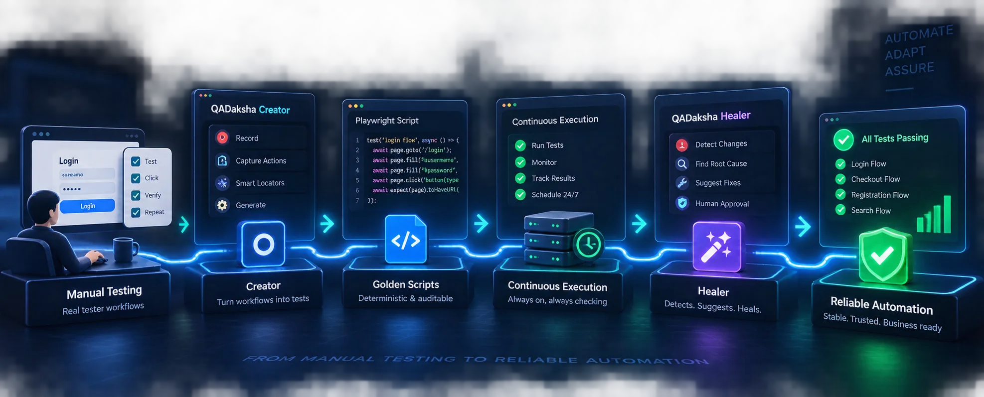 How QADaksha fits an existing workflow, left to right: Manual Testing (real tester workflows) feeds the Creator, which turns those workflows into tests; the Creator generates deterministic, auditable Golden Scripts; those run under Continuous Execution, always-on checking; the Healer detects changes, finds root causes and suggests fixes with human approval; the result is Reliable Automation — stable, trusted and business-ready.